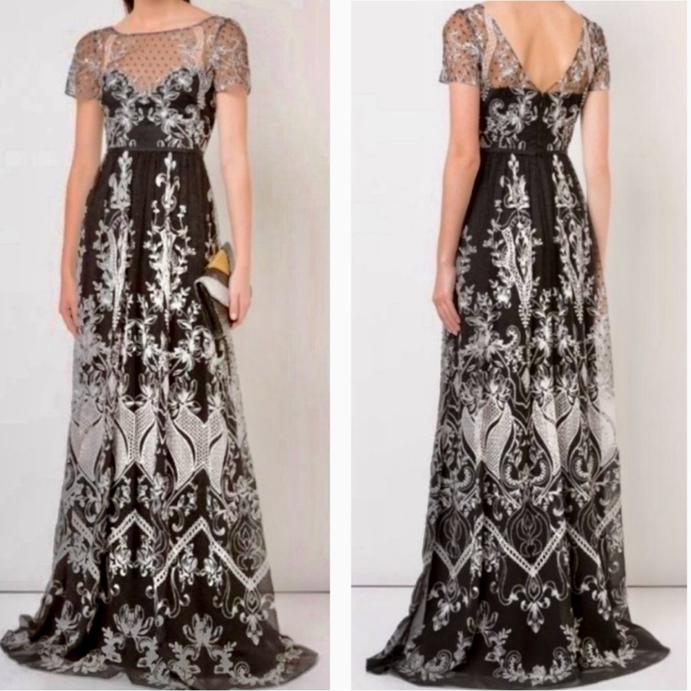Marchesa Notte Embroidered Dotted Tulle Gown